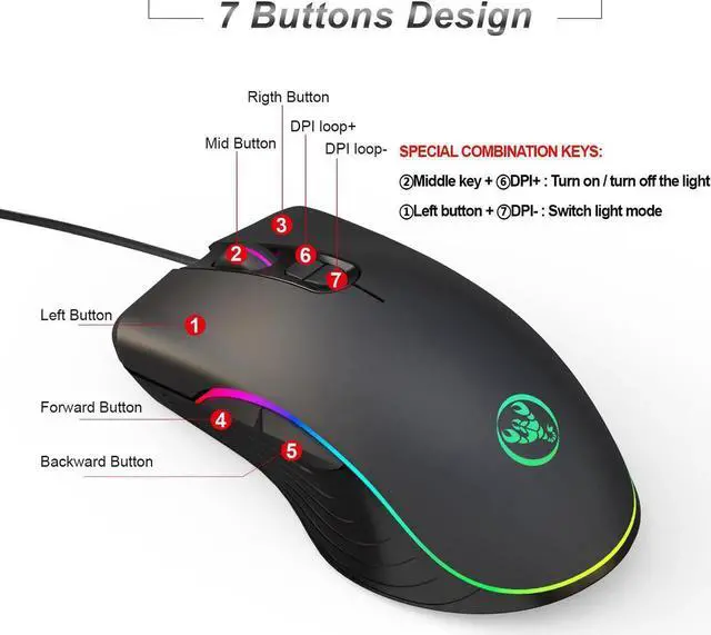 Alt view image 5 of 7 - RGB Gaming Mouse, 6400 dpi, Ergonomic Hand Grips, RGB Backlit Optical Wired Gaming Mouse 7 Programmable Buttons