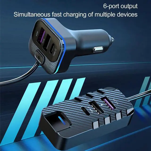 Alt view image 5 of 6 - 66W Multi-function Car Fast Charger with 6-Port Expansion and LED Atmosphere Light - Compact and Versatile for Phones, Tablets, and More