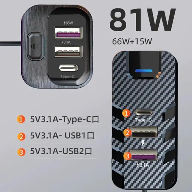 Alt view image 3 of 6 - 66W Multi-function Car Fast Charger with 6-Port Expansion and LED Atmosphere Light - Compact and Versatile for Phones, Tablets, and More