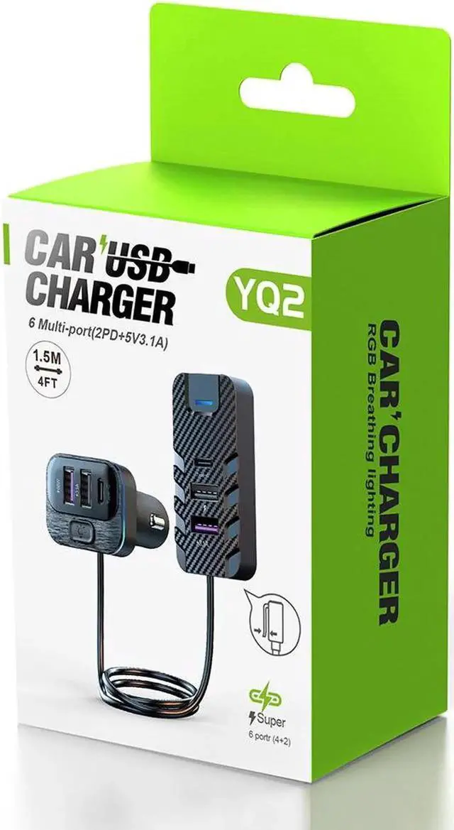 Alt view image 6 of 6 - 66W Multi-function Car Fast Charger with 6-Port Expansion and LED Atmosphere Light - Compact and Versatile for Phones, Tablets, and More