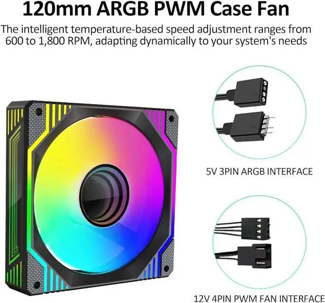 Alt view image 5 of 7 - 120mm Infinity Mirror ARGB Fan 5V 3Pin Addressable RGB PWM PC Computer CPU Case Cooling Fan 600-1800RPM Black 3-Pack