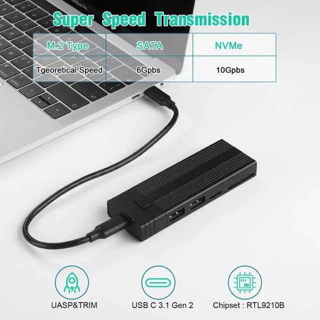 Alt view image 7 of 7 - M.2 NVME SATA SSD Enclosure Adapter Tool-Free, RTL9210B Chips, USB C 3.1 Gen 2 10Gbps NVME, 6Gbps SATA PCIe M-Key(B+M Key) with 2 USB Ports, SD/TF Card Reader