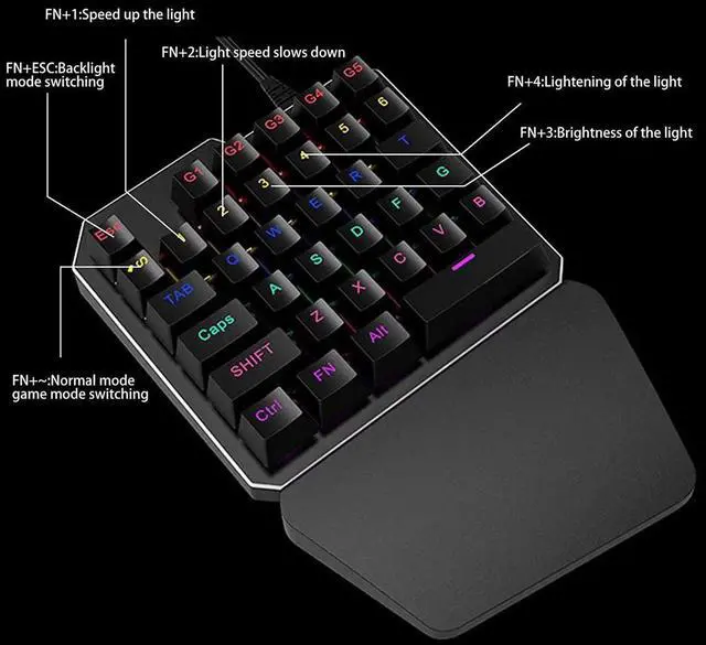 Alt view image 4 of 6 - One Handed Mechanical Gaming Keyboard , Mechanical Portable RGB LED Backlit Game Keyboard with Keypad for LOL/PUBG/Wow/Dota/OW/Fps Game, Blue Switches, 35 Keys