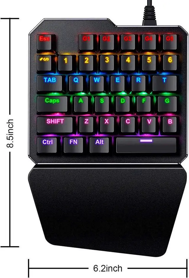 Alt view image 6 of 6 - One Handed Mechanical Gaming Keyboard , Mechanical Portable RGB LED Backlit Game Keyboard with Keypad for LOL/PUBG/Wow/Dota/OW/Fps Game, Blue Switches, 35 Keys