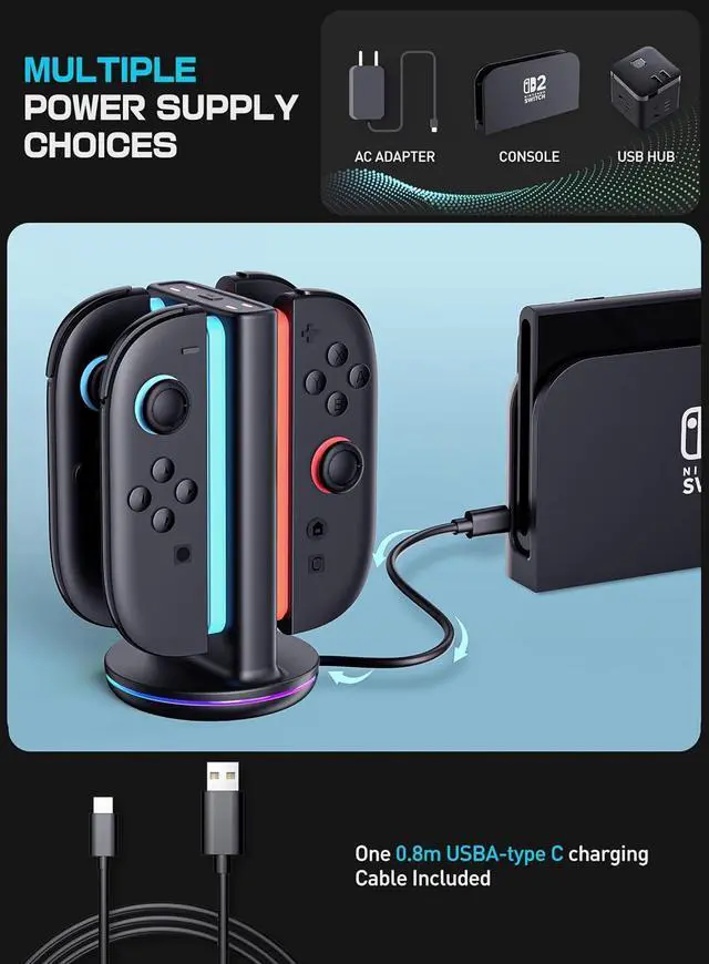 Alt view image 6 of 7 - SUPCASE Charging Dock for Nintendo Switch 2 Joy Con, [Supports Dual-Side Charging] [9 Light Modes] Magnetic Controller Fast Charger Stand Station Compatible with Switch 2 Joy Con Accessories, Black