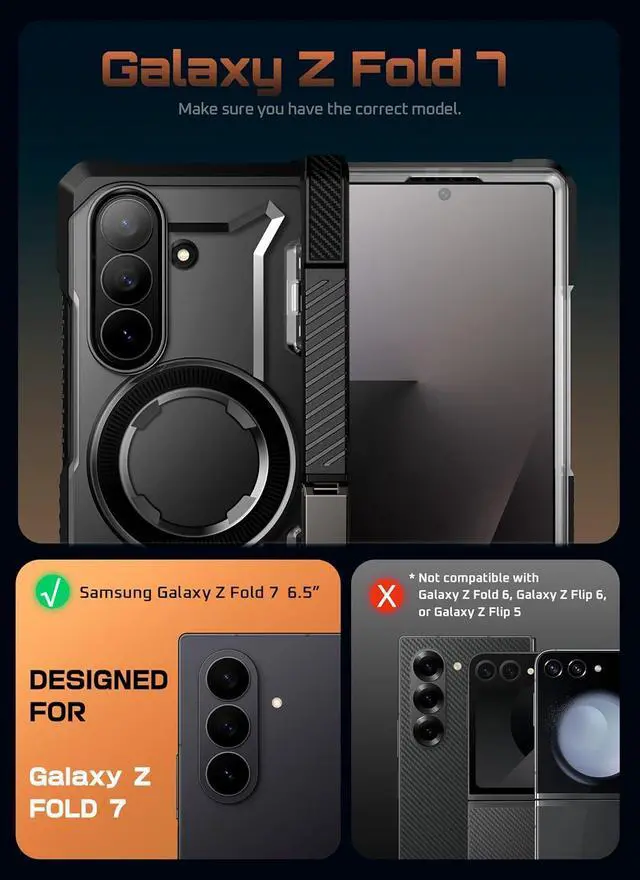 Alt view image 3 of 7 - SUPCASE for Samsung Galaxy Z Fold 7 Case with Kickstand (UB Grip), [Compatible with MagSafe] [Built-in Tempered Glass Screen Protector] [Hinge Coverage] Military-Grade Protection Phone Case, Black