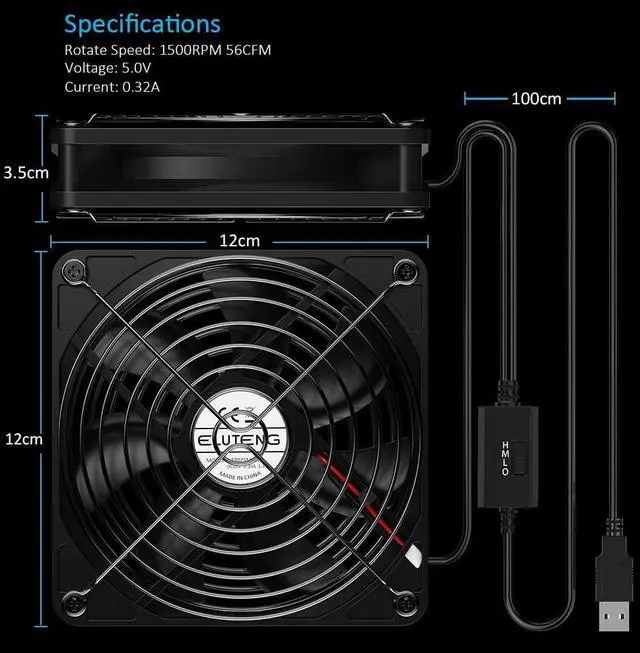 Alt view image 6 of 7 - ELUTENG Dual 120mm USB Fan with 3 Speeds 5V Ventilator Fan Portable Cooling Fan Rechargeable Compatible for Laptop Receiver DVR Playstation Xbox Desk Computer Cabinet Cooling