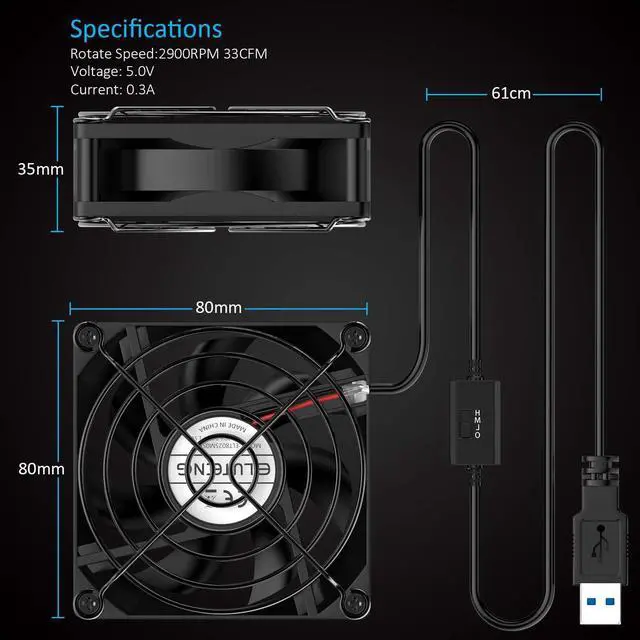 Alt view image 7 of 7 - ELUTENG USB Fan 80mm, USB Computer Fan 5V Quite USB Ventilation Fan Compatible with 3 Speed Control for Receiver DVR Playstation Xbox Computer Cabinet Cooling 80 x 80 x 25mm