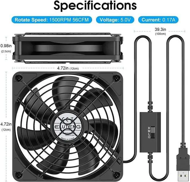 Alt view image 7 of 7 - ELUTENG 120mm Fan With 3 Speed 5V USB Powered Case Fan 1500PRM Gaming PC Portable Cooling Suitable for Tablet TV Receiver Router DVR Play Station Xbox Computer and More