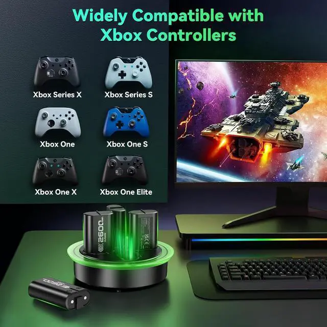 Alt view image 3 of 7 - Rechargeable Battery Pack for Xbox One/Xbox Series X|S, 4 x 2600mAh Rechargeable Batteries for Xbox Controller LED Indicator Battery Charger Station Dock for Xbox One S/One X/Elite, Black