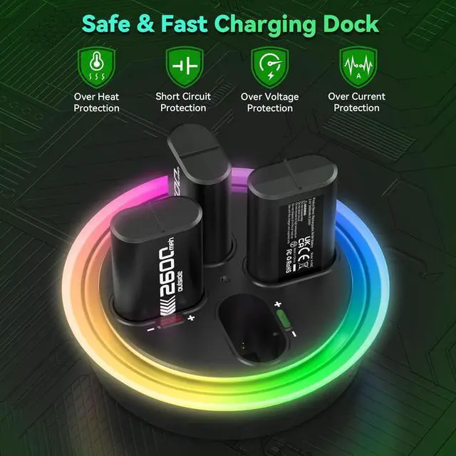 Alt view image 5 of 7 - Rechargeable Battery Pack for Xbox One/Xbox Series X|S, 4 x 2600mAh Rechargeable Batteries for Xbox Controller LED Indicator Battery Charger Station Dock for Xbox One S/One X/Elite, Black