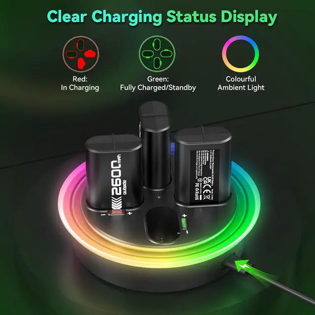 Alt view image 4 of 7 - Rechargeable Battery Pack for Xbox One/Xbox Series X|S, 4 x 2600mAh Rechargeable Batteries for Xbox Controller LED Indicator Battery Charger Station Dock for Xbox One S/One X/Elite, Black