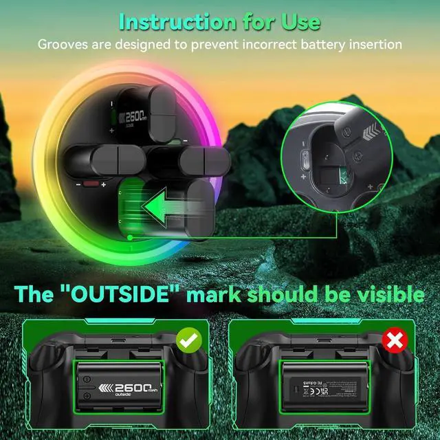 Alt view image 7 of 7 - Rechargeable Battery Pack for Xbox One/Xbox Series X|S, 4 x 2600mAh Rechargeable Batteries for Xbox Controller LED Indicator Battery Charger Station Dock for Xbox One S/One X/Elite, Black