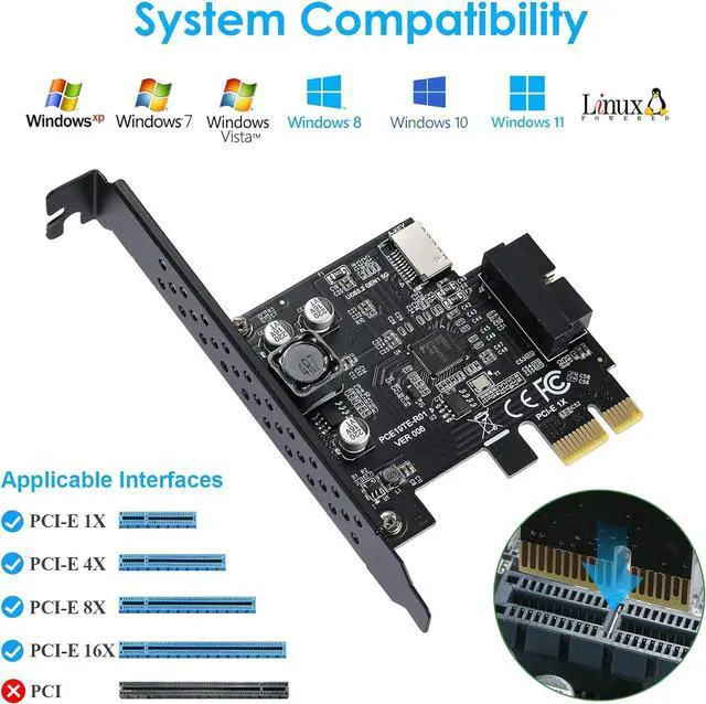 Alt view image 2 of 7 - Goldendisk PCI-E 1X to USB 3.2 GEN1 5Gbps 20pin Front Panel Header (to Type-c Front Panel Header) + USB 3.0 19Pin Socket Expansion Card,Type-E Internal 20-pin Front Panel Connector Riser Card
