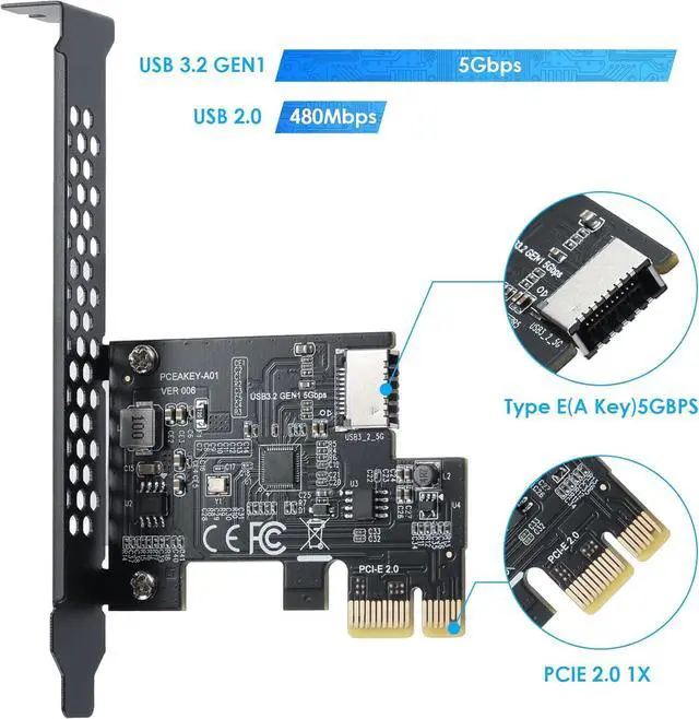 Alt view image 3 of 7 - Goldendisk PCI-E 1X to USB 3.2 GEN1 5Gbps Type-E A-Key Expansion Card,Front Panel Type-C Interface for Desktop PC(ASM1042A)