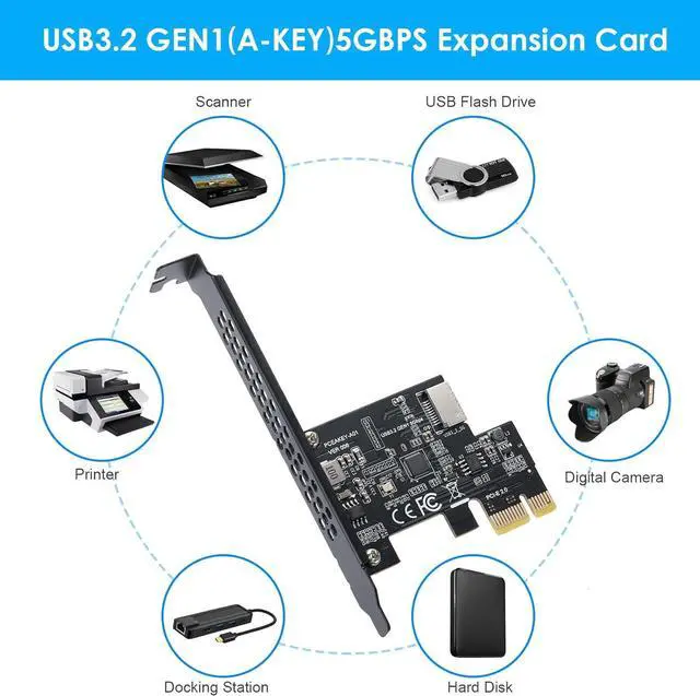 Alt view image 5 of 7 - Goldendisk PCI-E 1X to USB 3.2 GEN1 5Gbps Type-E A-Key Expansion Card,Front Panel Type-C Interface for Desktop PC(ASM1042A)
