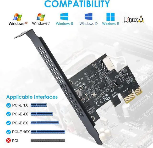 Alt view image 4 of 7 - Goldendisk PCI-E 1X to USB 3.2 GEN1 5Gbps Type-E A-Key Expansion Card,Front Panel Type-C Interface for Desktop PC(ASM1042A)
