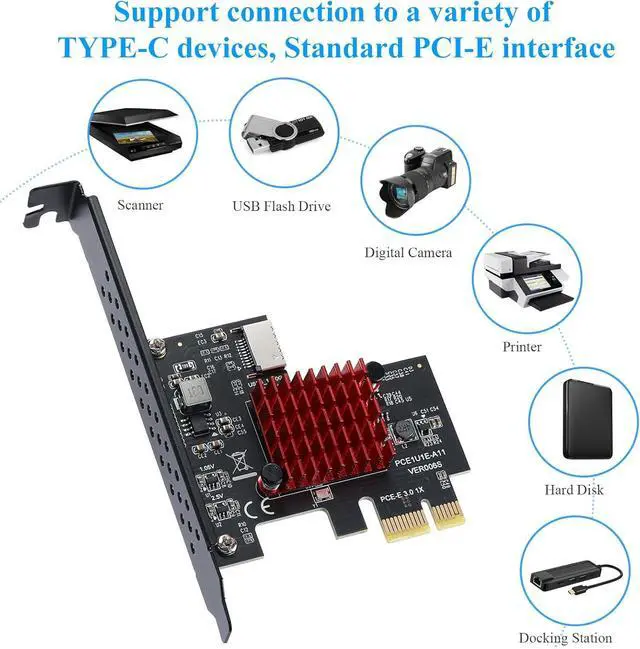 Alt view image 3 of 7 - Goldendisk Pcie USB Card,PCI-E 1X to USB3.1 A-Key Gen2 Front Type-C Expansion Card,10Gbps Type-E Internal Front Panel Connector Riser Card,PCI Express 3.0 X1 Adapter for Desktop PCs (ASM3142)