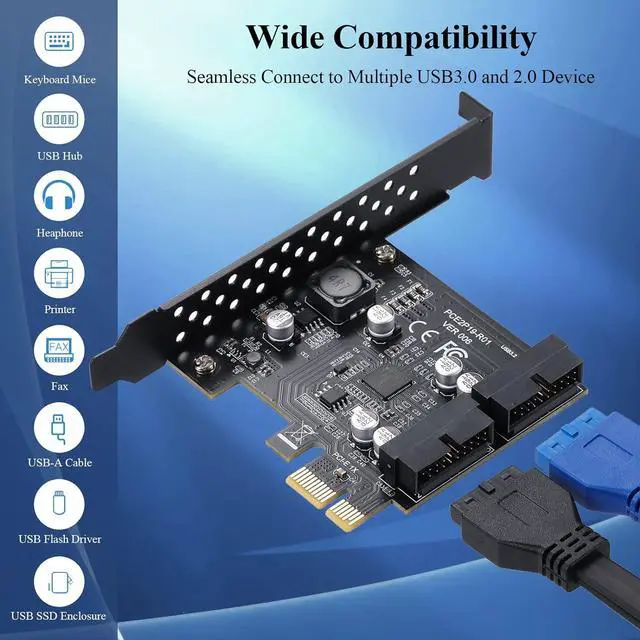Alt view image 2 of 7 - Goldendisk PCIE 1X to 2 Port 19Pin Expansion Card, USB 3.2 GEN1 Super Speed 5Gbps PCI Express Card for Windows 11, 10, 8.1, 8, 7, XP