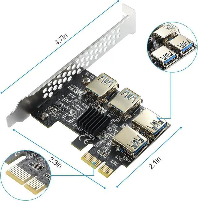 Alt view image 7 of 7 - Goldendisk PCI-E 1 to 4 Express 16X Slots Riser Card, 1X to External 4 USB 3.0 Adapter Multiplier for Bitcoin Mining