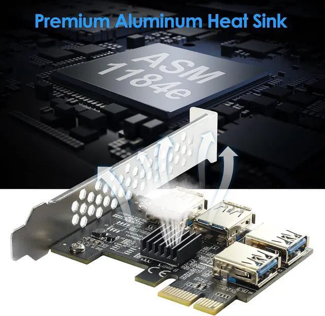 Alt view image 5 of 7 - Goldendisk PCI-E 1 to 4 Express 16X Slots Riser Card, 1X to External 4 USB 3.0 Adapter Multiplier for Bitcoin Mining