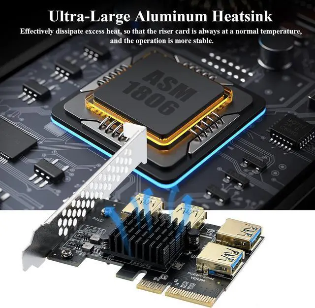 Alt view image 3 of 7 - Goldendisk PCI Express Multiplier Riser Card,PCI-E 4X to External 4 PCI-E USB 3.0 Converter Adapter Card 4 Ports for Bitcoin ETH Mining Miner Device