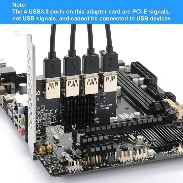 Alt view image 6 of 7 - Goldendisk PCI-E 4X to 4 PCIe Slots Riser Card,USB 3.0 Adapter Multiplier Card for Bitcoin Mining
