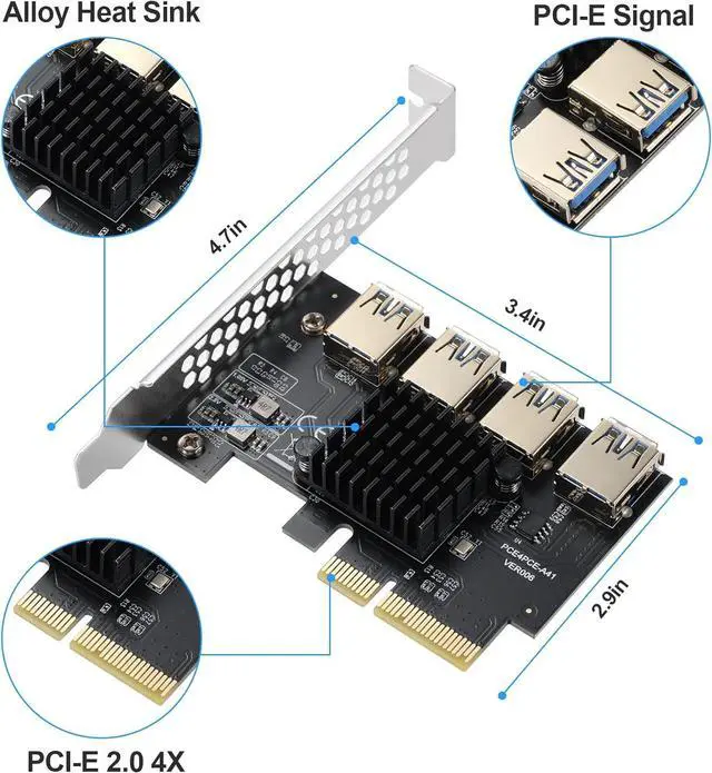 Alt view image 5 of 7 - Goldendisk PCI-E 4X to 4 PCIe Slots Riser Card,USB 3.0 Adapter Multiplier Card for Bitcoin Mining