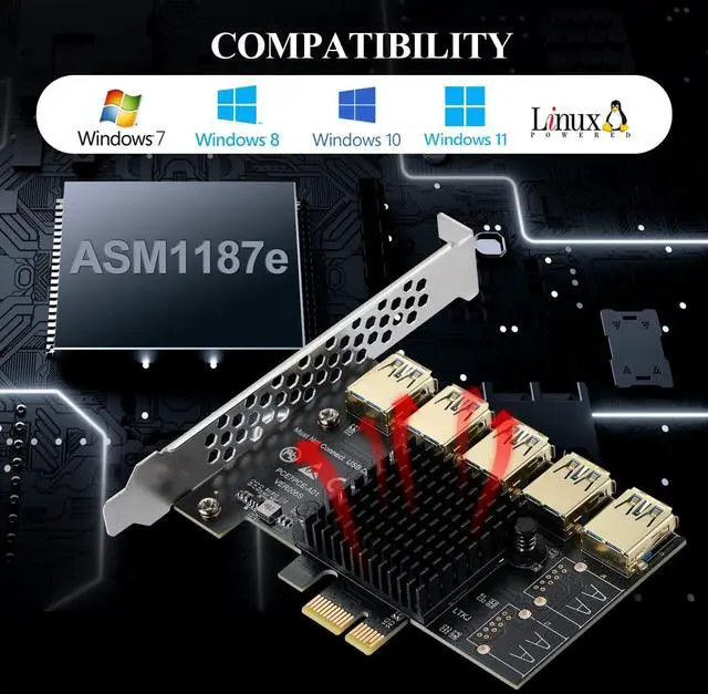 Alt view image 2 of 7 - Goldendisk PCI-E 1 to 5 Riser Card,PCI-E 1X to 5 PCI-E USB3.0 Adapter Multiplier Card,Pcie Splitter 1 to 5 PCIE Riser Card for Bitcoin Ethereum Mining
