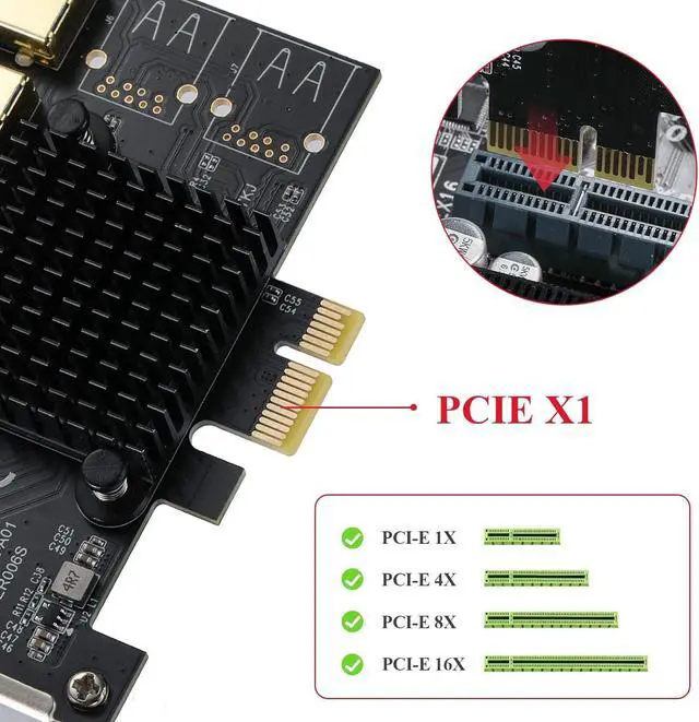 Alt view image 4 of 7 - Goldendisk PCI-E 1 to 5 Riser Card,PCI-E 1X to 5 PCI-E USB3.0 Adapter Multiplier Card,Pcie Splitter 1 to 5 PCIE Riser Card for Bitcoin Ethereum Mining