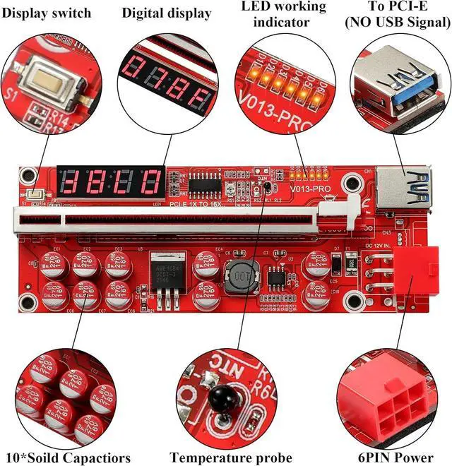 Alt view image 2 of 7 - PCI-E 1X to 16X Riser Card, 10 Capacitors,PCI-E Riser for Bitcoin Litecoin Ethereum Mining ETH,with USB 3.0 Extension Cable, 6PIN SATA Power Cable - GPU Extender Riser Card - (V013-PRO,6 Pack)