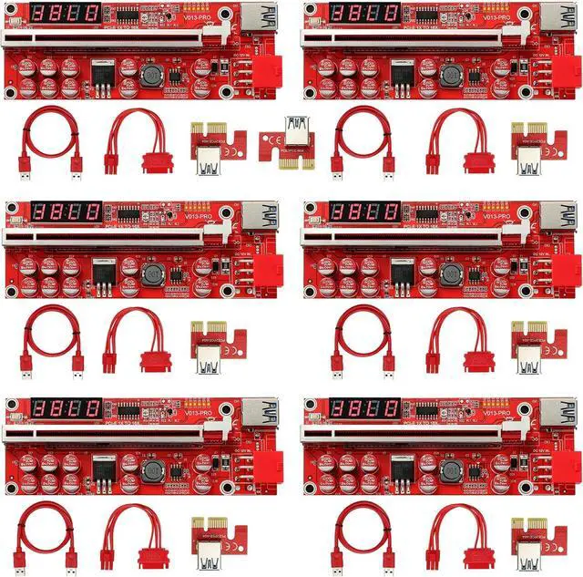 Main image of PCI-E 1X to 16X Riser Card, 10 Capacitors,PCI-E Riser for Bitcoin Litecoin Ethereum Mining ETH,with USB 3.0 Extension Cable, 6PIN SATA Power Cable - GPU Extender Riser Card - (V013-PRO,6 Pack)