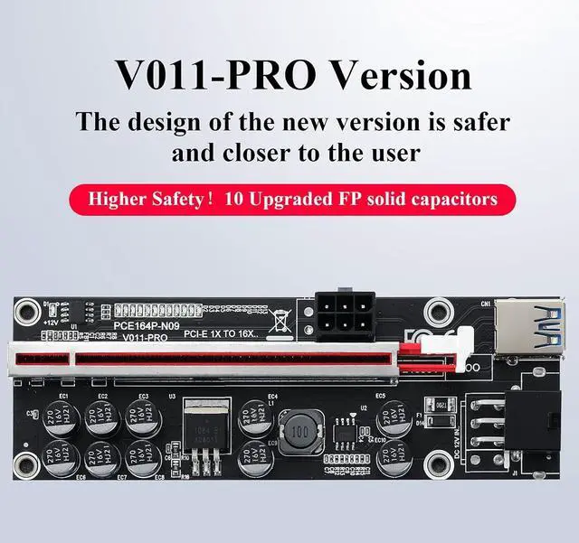 Alt view image 2 of 7 - Goldendisk PCI-E 1X to 16X Riser Card, for Bitcoin Ethereum Mining ETH,10 Capacitors,with 0.6 m USB 3.0 Extension Cable & 6PIN SATA Power Cable - GPU Extender Riser Card - (V011-PRO,6 Pack)