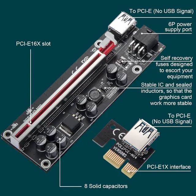 Alt view image 3 of 7 - Goldendisk PCI-E 1X to 16X Riser Card, with 0.6 m USB 3.0 Extension Cable & 6PIN SATA Power Cable - GPU Extender Riser Card - for Bitcoin Ethereum Mining ETH (VER009S,6 Pack)