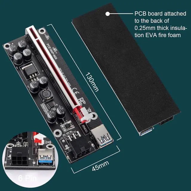 Alt view image 6 of 7 - Goldendisk PCI-E 1X to 16X Riser Card, with 0.6 m USB 3.0 Extension Cable & 6PIN SATA Power Cable - GPU Extender Riser Card - for Bitcoin Ethereum Mining ETH (VER009S,6 Pack)