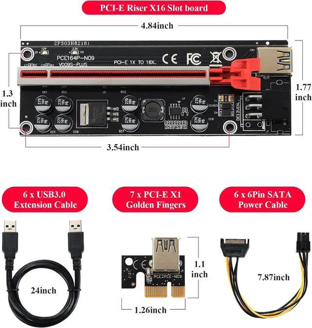 Alt view image 7 of 7 - VER009S-PLUS PCI-E 1X to 16X Riser Card,8 Solid Capacitors,6PIN SATA Power Cable,60cm USB 3.0 Extension Cable,Suitable for GPU Bitcoin Ethereum Mining (6Pack)