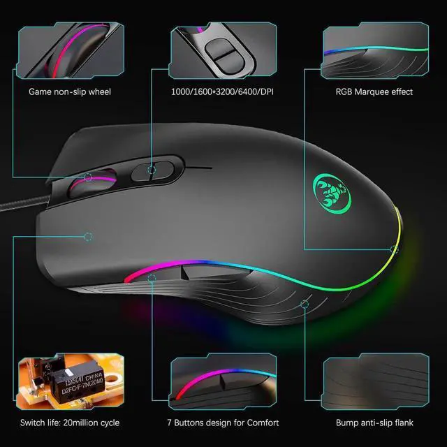 Alt view image 2 of 7 - RGB Gaming Mouse, 6400 dpi, Ergonomic Hand Grips, RGB Backlit Optical Wired Gaming Mouse 7 Programmable Buttons