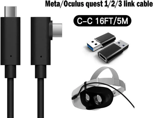 Main image of Compatible for Meta/Oculus Link Virtual Reality Headset Cable for Quest 3/2/1 and Gaming PC, 90 Degree Angled USB3.0 Type C to C High Speed Data Transfer & Fast Charging (16ft/5m) with USB C-A adapter