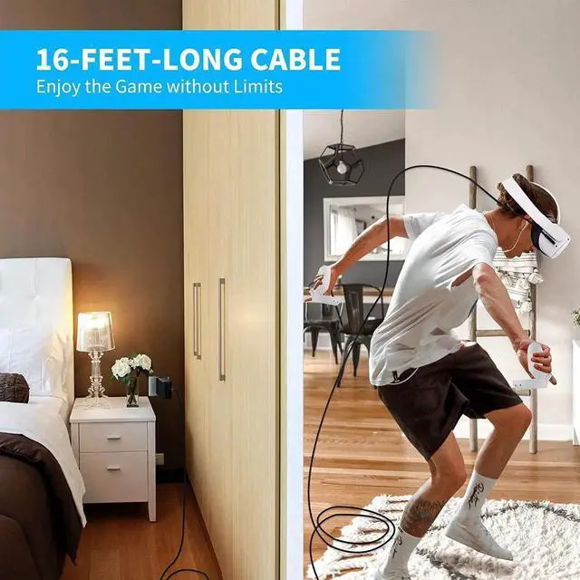 Alt view image 4 of 7 - Compatible for Meta/Oculus Link Virtual Reality Headset Cable for Quest 3/2/1 and Gaming PC, 90 Degree Angled USB3.0 Type C to C High Speed Data Transfer & Fast Charging (16ft/5m) with USB C-A adapter