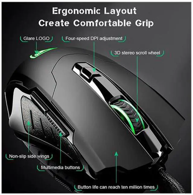 Alt view image 4 of 6 - Gaming Mouse Wired Breathing Light Ergonomic Game USB Computer Mice Multicolor Gamer Desktop Laptop PC Gaming Mouse, 6 Buttons for Windows 7/8/10/XP Vista Linux, Black