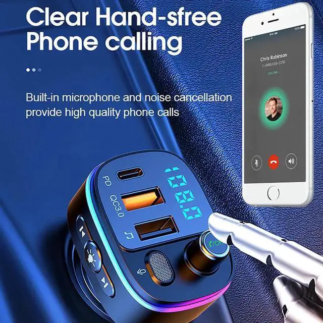 Alt view image 7 of 7 - Bluetooth 5.0 FM Transmitter for Car, QC3.0+Type-C PD 20W Car Charger, Wireless FM Radio Bass Sound Music Player, Car Kit with Hands-Free Calls, Support U Disk,7 Colors LED Backlit