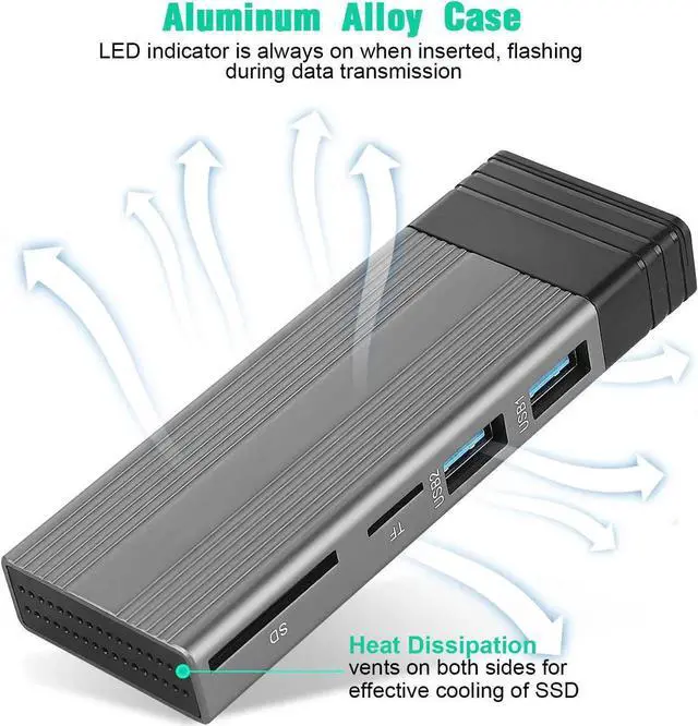 Alt view image 4 of 7 - M.2 NVME SATA SSD Enclosure Adapter Tool-Free, RTL9210B Chips, USB C 3.1 Gen 2 10Gbps NVME, 6Gbps SATA PCIe M-Key(B+M Key) with 2 USB Ports, SD/TF Card Reader