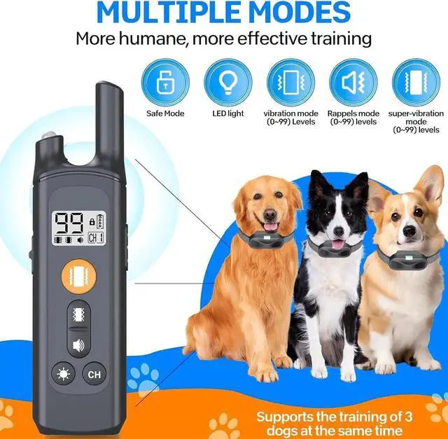 Alt view image 4 of 7 - Dog Training Collar, Rechargeable Shock Collar for Dogs with 3000ft Remote Range IP65 Waterproof Shock Collar w/3 Safe Training Modes, Beep, Vibration and Shock, Dog Collar for Small Medium Large Dogs