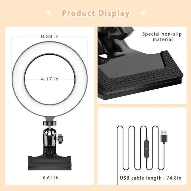 Alt view image 7 of 7 - 6.3'' Clip-on Ring Light , Selfie Ring Light for TikTok, YouTube Videos, Makeup, and Zooms, Led Ring Lamp with 3 Light Modes & 10 Brightness Level