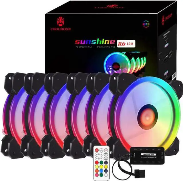 Main image of Kit RGB LED PWM Case Fans 120mm with Remote Controller Fan Hub and Extension, COOLMOON Quiet Edition High Airflow Adjustable Colorful PC Case CPU Computer Cooling with Coolers, Radiators System (6pcs)