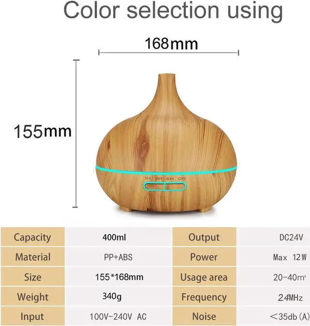 Alt view image 4 of 7 - UNTICA 400ml Aroma Diffuser Large Capacity Warm Cool Mist Essential Oil Diffuser Wood Grain Humidifier with Waterless Auto-Off 7 LED Light Colors for Baby Room Plants Office