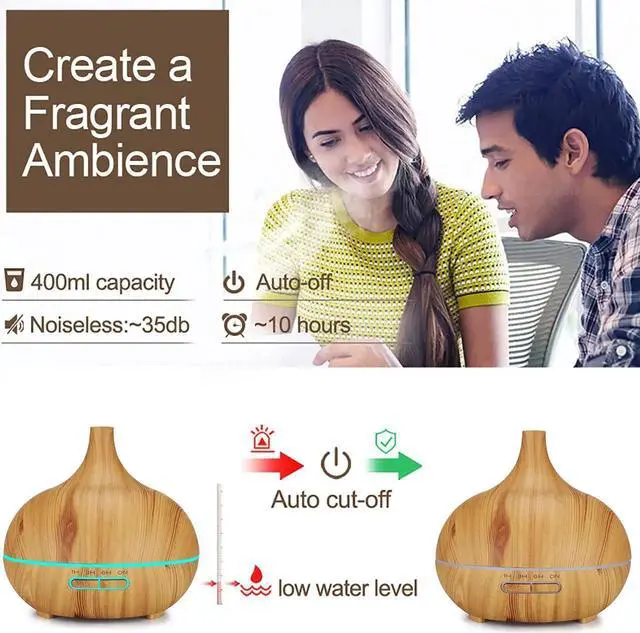 Alt view image 3 of 7 - UNTICA 400ml Aroma Diffuser Large Capacity Warm Cool Mist Essential Oil Diffuser Wood Grain Humidifier with Waterless Auto-Off 7 LED Light Colors for Baby Room Plants Office