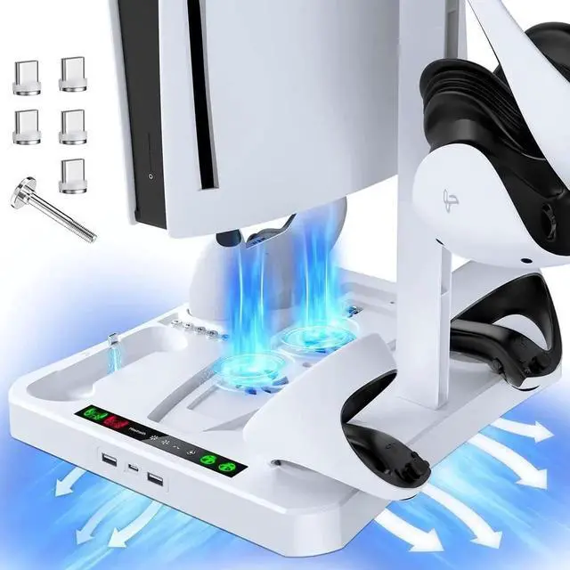 Alt view image 2 of 7 - Fast Charging Stand for PSVR 2 & PS5 Console, [5 in 1] Stand with Cooling Fan, Dual Controller Magnetic Charging Port for PSVR 2 & PS5, Charging Indicator Light, Storage Stand Perfect for PSVR 2 & PS5