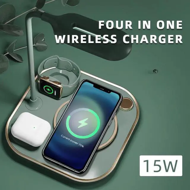 Main image of 4 in 1 LED Desk Lamp with Wireless Charging Station for Multiple Devices Qi Wireless Certified Compatible with iPhone 13/12, 13/12 Pro, 13/12 Pro Max, 13/12 Mini, iWatch, Airpods 2/Pro with LED Light