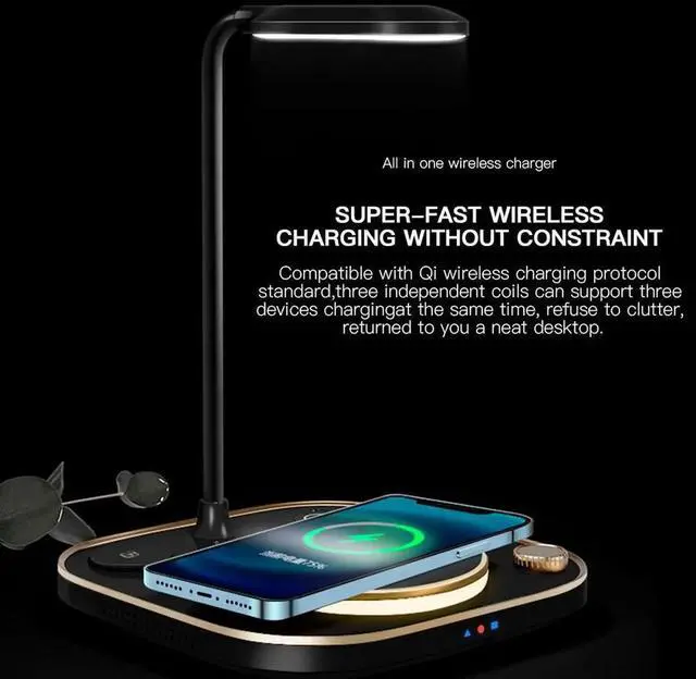 Alt view image 2 of 7 - 4 in 1 LED Desk Lamp with Wireless Charging Station for Multiple Devices Qi Wireless Certified Compatible with iPhone 13/12, 13/12 Pro, 13/12 Pro Max, 13/12 Mini, iWatch, Airpods 2/Pro with LED Light